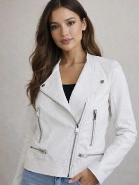 White House Black Market White Cotton Full Zip Moto Jacket Size 8 Fitted